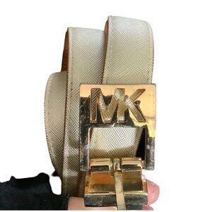 Michael Kors Gold‎ LOGO Belt Women Waist 32"-36" Reversible FLAW on Brown Side